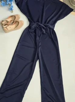 Kombinezon długi L z krótkim rękawem poliester wiązany paskiem w pasie